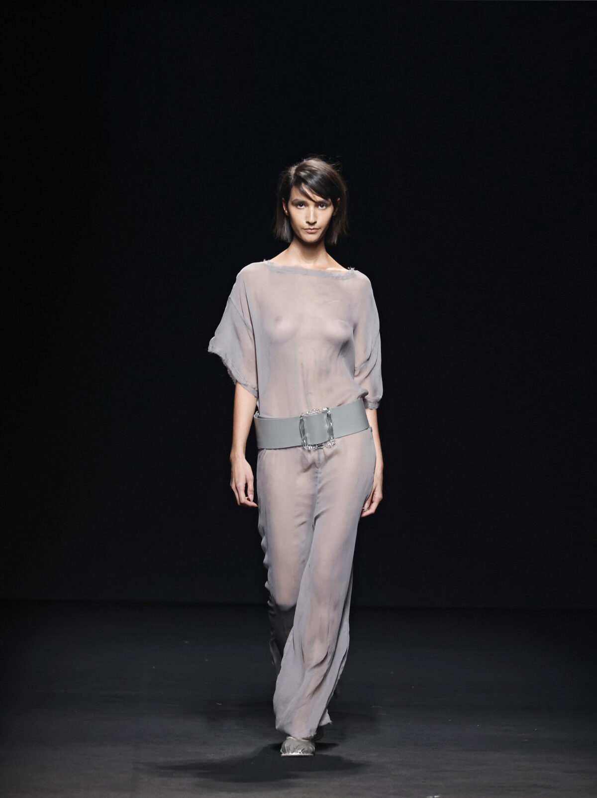 Sheer Natural Silk Jumpsuit with Leather Belt